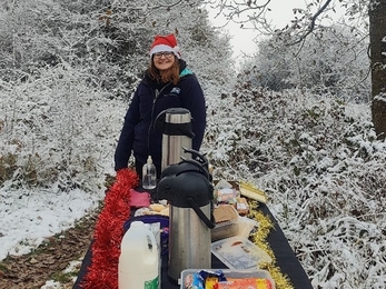 Surrey Wildlife Trust colleague Esther, prepares tea, coffee and snacks for the volunteers.
