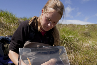 A Scientist sits on a grassy hill during a research project studying invertebrate abundance