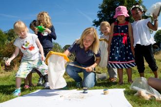 children sweeping in summer meadow