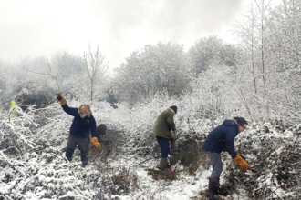 Volunteers working in the snow at Newdigate Brickworks