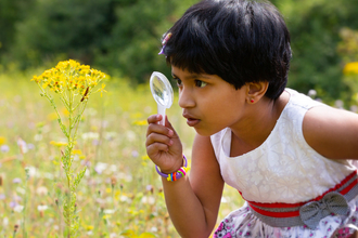 Girl with magnifying glass in meadow