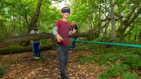 A boy having fun on the blindfold trail in the woods
