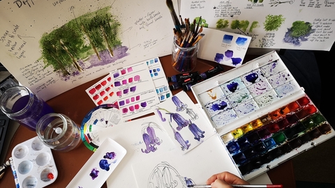 watercolours - painting bluebells