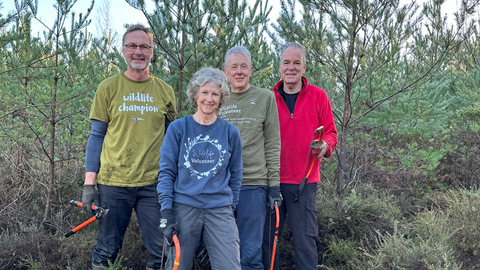 A group of smiling volunteers stood in front of pine trees, holding hand tools