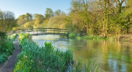 A landscape of the River Itchen flowing beneath a wooden bridge, with trees lining the far bank