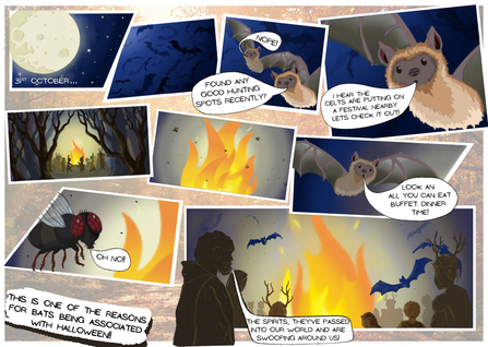 A comic strip showing the association of bats with the Celtic Samhain festival