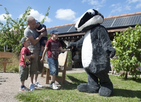 Wildlife Trusts badger mascot with family