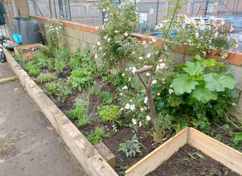A planter filled with plants on the endge of a school play ground