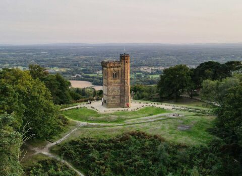 An aerial shot of Leith Hill tower in the Surrey Hills