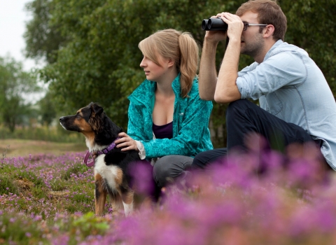 Couple birdwatching with dog